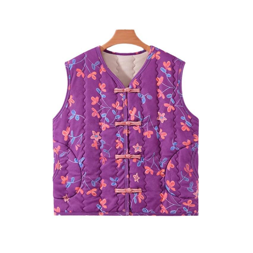 Women's Plus Size Floral Fleece-Lined Cotton Vest - Sleeveless, Thick, Warm Jacket for Middle-Aged and Elderly