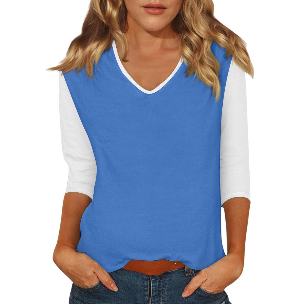 Women's Casual Fashion Sexy Comfortable V-neck Stitching Color Three-quarter Sleeve Top