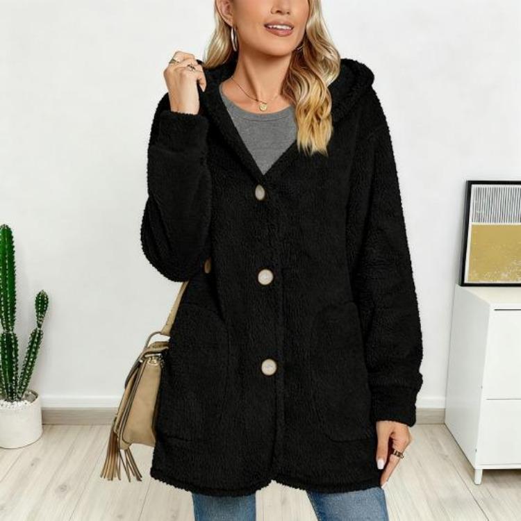Manteau Long Décontracté en Polaire pour Femme Veste à Capuche Sherpa Oversize avec Poches Bouton Duvet Vêtement d'Extérieur Moelleux