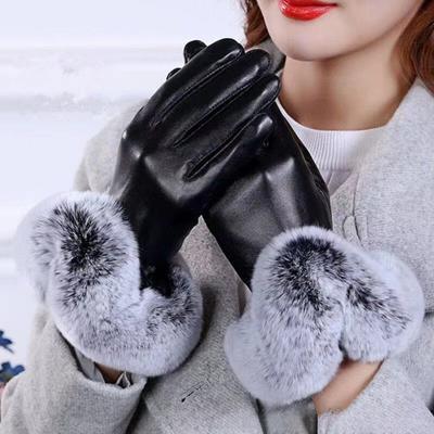 Luvas femininas de inverno imitação de pelo de coelho boca pu veludo quentes para equitação direção tela sensível ao toque dedo inteiro