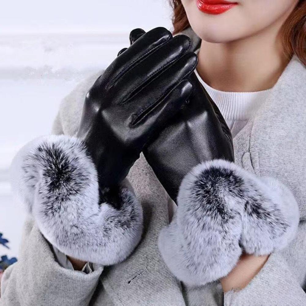 Winter Women's Imitation Rabbit Fur Mouth Pu Gloves Velvet Warm Riding Driving Touch Screen Full Finger