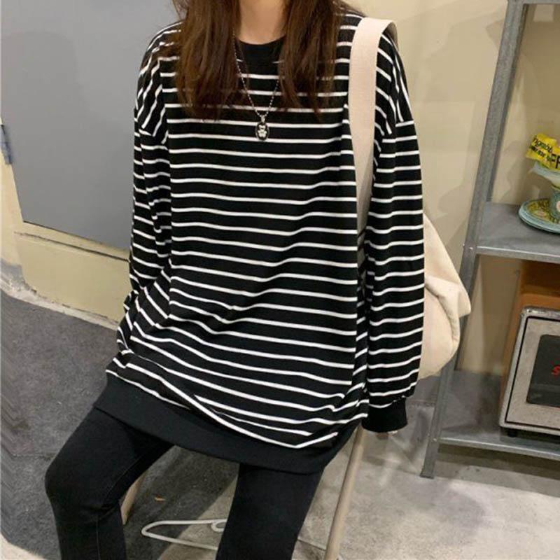 T-Shirt Tops Women Padded Warm Stripes Blouse Oversized Stretch Long Sleeve T-Shirt Round Neck Loose Tops