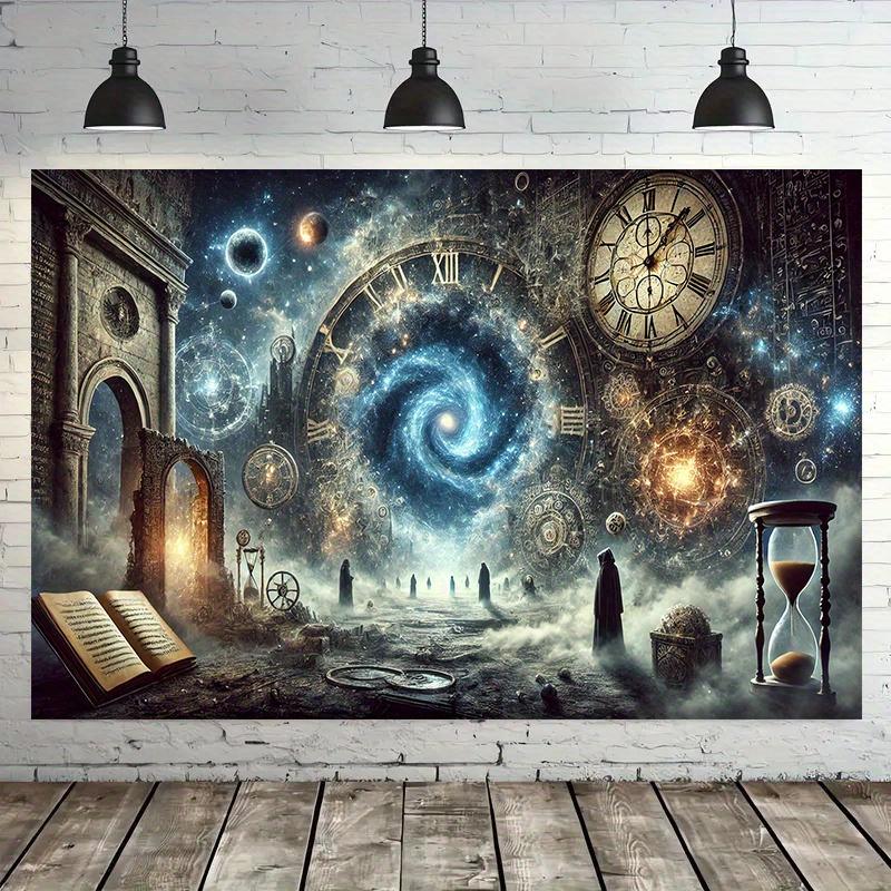 2D plane 1 mysterious time-travel background banner cosmic clock ancient ruins and celestial planets 100x150cm