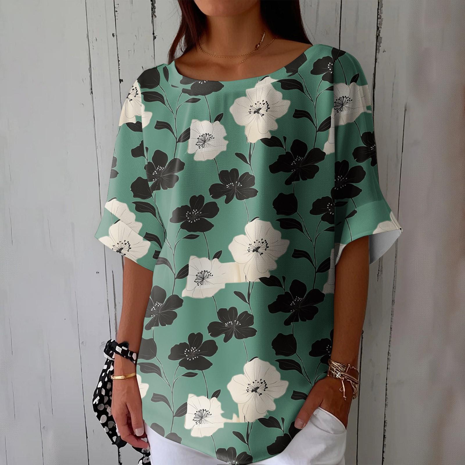 Women s Fashionable Casual Round Neck Printed Top Loose Top Printed Top Loose Top XXL