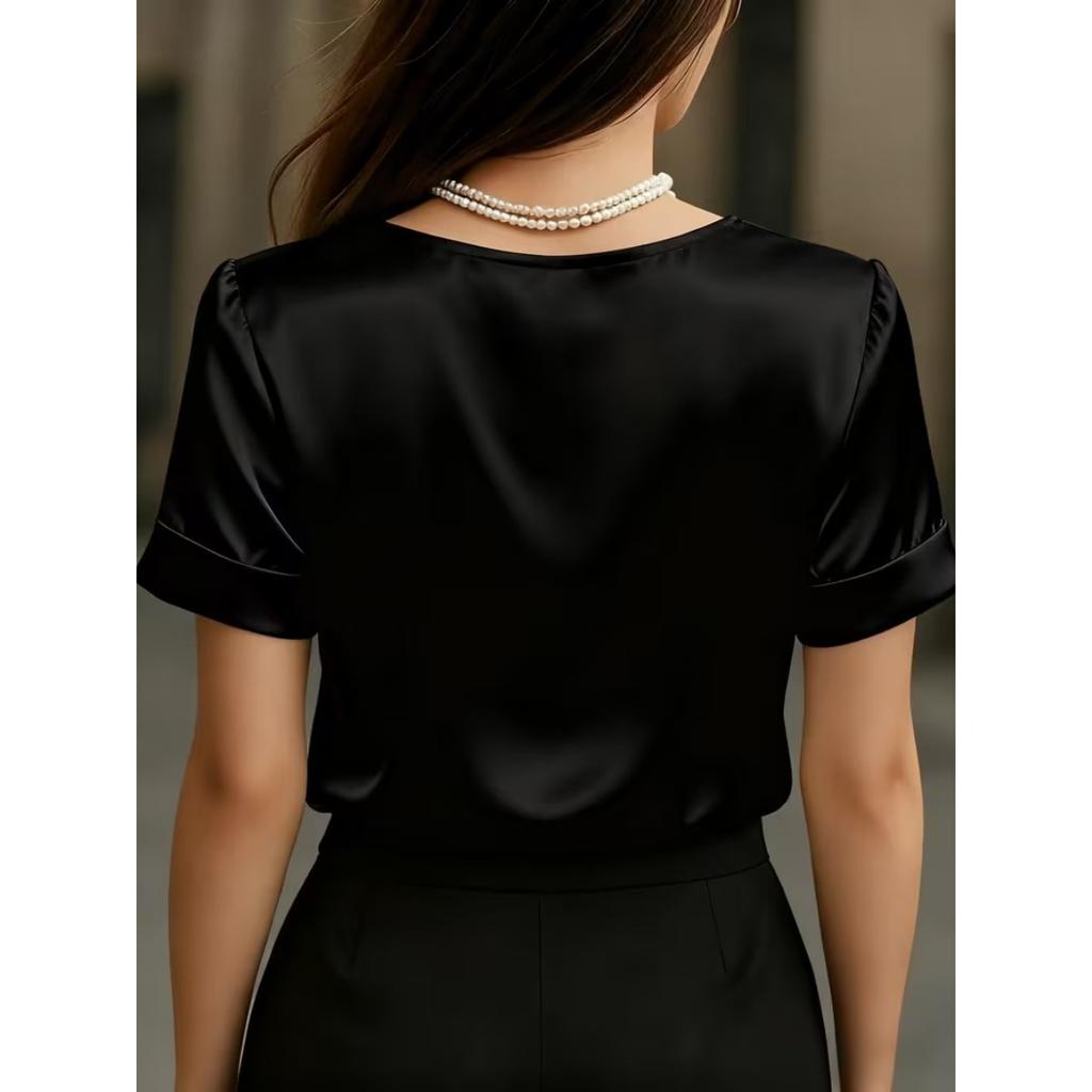 2026 New Women's V-neck Ruched Short Sleeve Elegant Fashion T-shirt Blouse, Casual Daily Top for Women European American Style