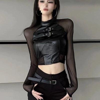 Women’s Black Mesh-Panel Long Sleeve Crop Top - Stylish, Chic, Slim Fit for Autumn