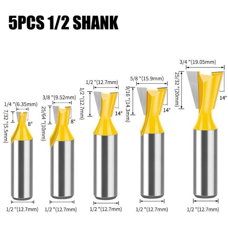 5 bucăți 12 mm 1/2 inch cu coadă de rândunică Set de freze pentru îmbinare freza pentru lemn, 14 grade