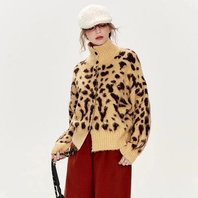 Sweaters Cardigan Autumn Women Leopard Print O-Neck Sweaters Knitting Loose Sweater
