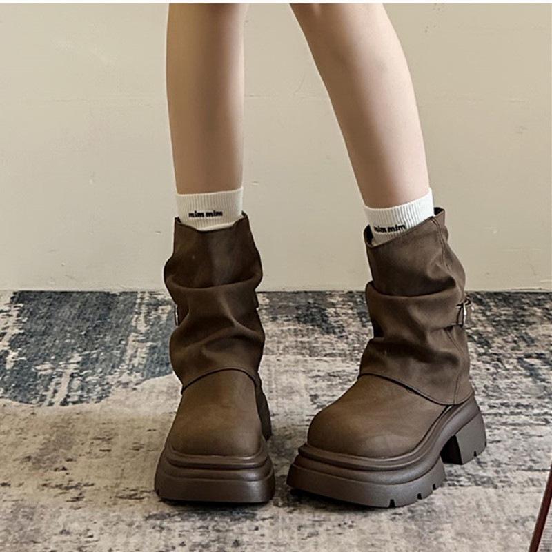 Retro Small Thick-soled Heightening Short Boots Autumn and Winter New Boots High-end Martin Boots Thick Heel Pleated Boots