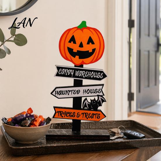Halloween Atmosphere Props Wooden Sign Decoration, DIY Ghost Pumpkin Bat Tabletop Ornament with Indoor Festive Decor Spooky Slogans, Rustic