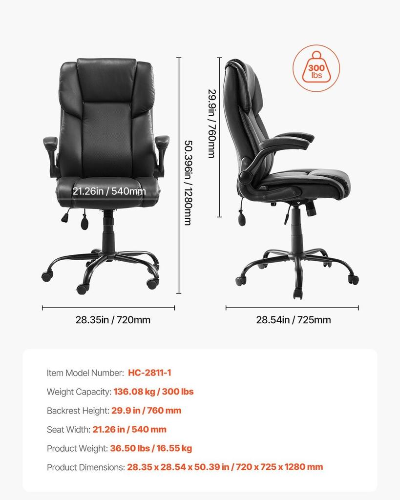 Executive Chair High Back Desk Chair Flip-up Armrests Lumbar Support Black