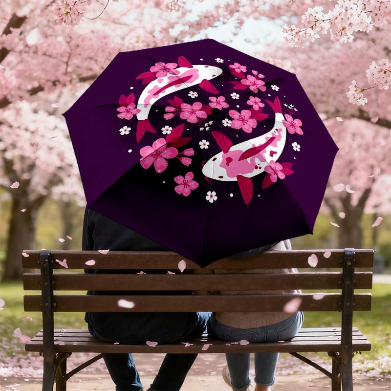 1pc Koi Fish Cherry Blossoms Automatic Folding Umbrella 8 Rib Iron Frame,  Suitable for Travel, Daily Use, Birthday, Women & Men Gift c1231024