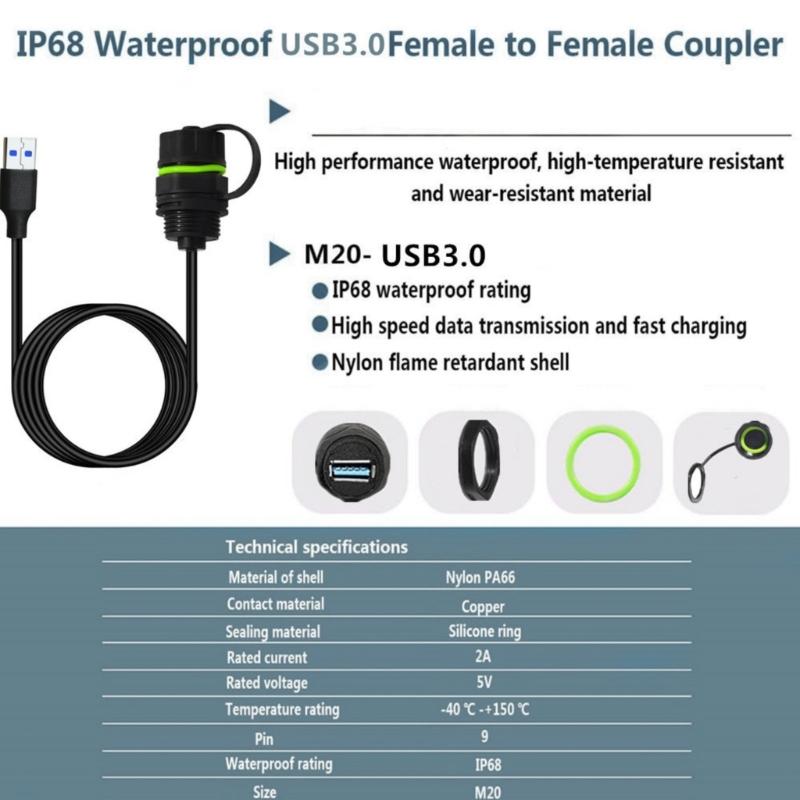 Waterproof USB3.0 Panel Mount Cable USB Coupler Cord 5Gbps Data Transfer &Fast Charging IP68 Outdoor Industrial Use