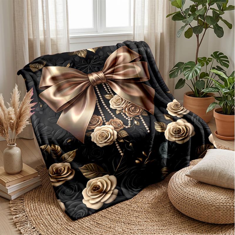 Gold Glitter Leopard Roses Theme Blanket Lightweight Warm Flannel Blanket Decorative Throw Blanket for Home Decoration