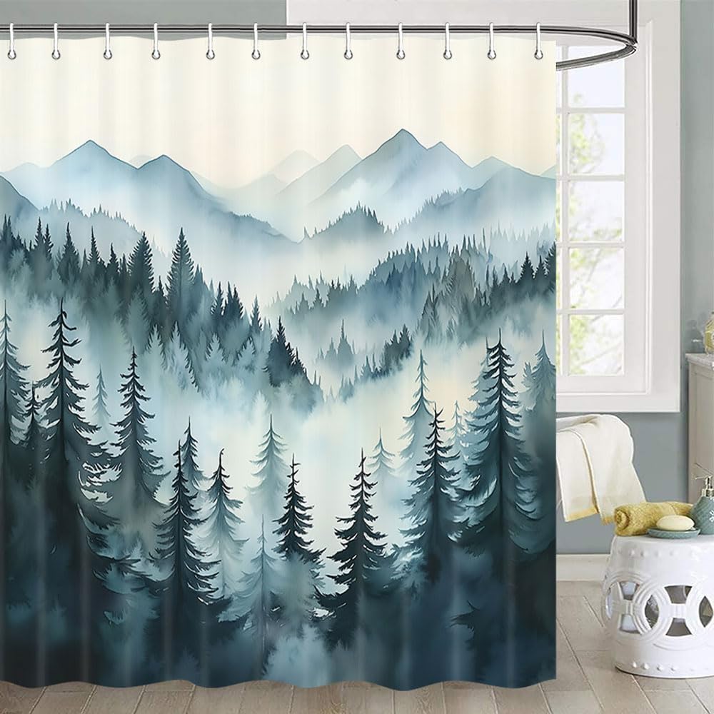 Watercolor Forest Shower Curtain Green Pine Trees Mountain Scene Misty Atmosphere Nature Design Waterproof Bath Linen Home Decor