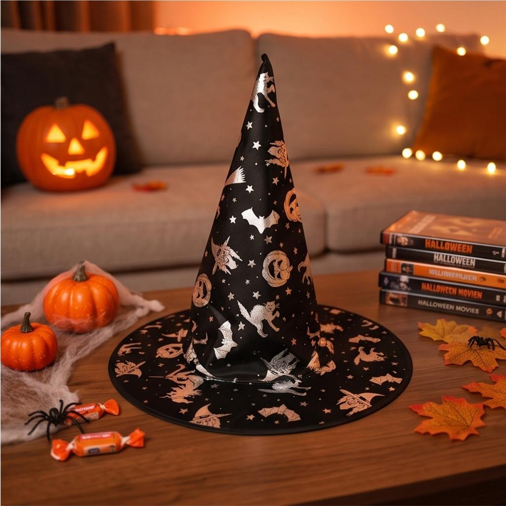 Adult Witch Hat with Gold Foil Pumpkin Design for Halloween Costume Party