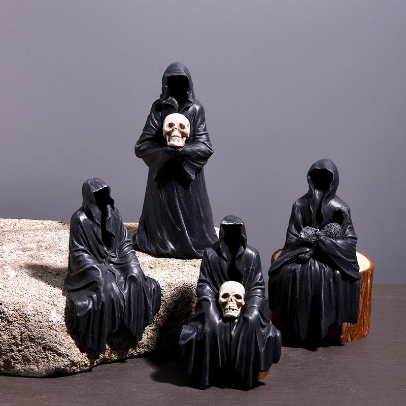 Halloween Black Robe Figurine - Black-faced Ghost for Home, Table, Car Decoration, Resin Small Halloween Decoration