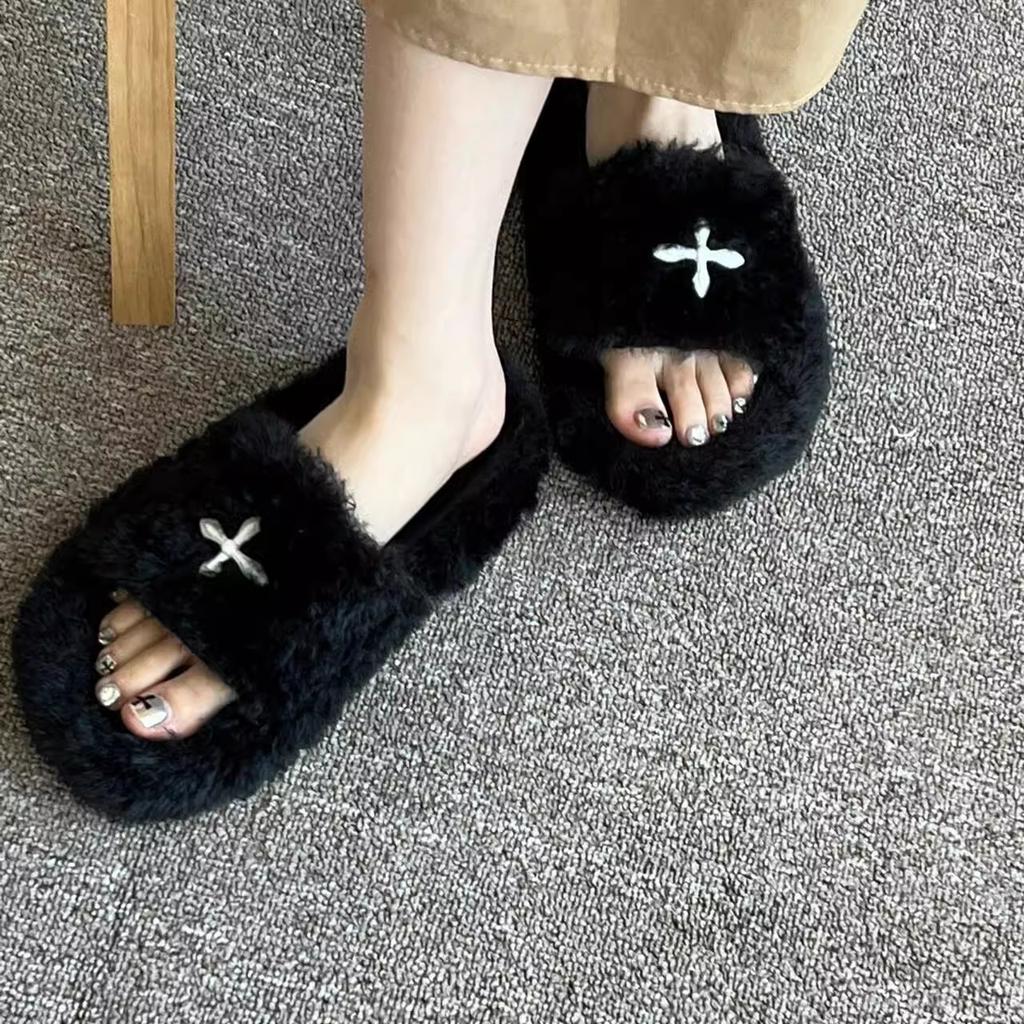 Pantoufles décontractées à semelle épaisse et moelleuses pour l'automne et l'hiver 2025, nouveau ins tendance à semelle plate, décontractées, polyvalentes, croisées, serpillière à cheveux