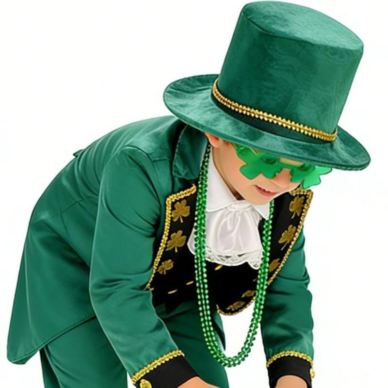 Irish Lucky Shamrock Kids Show Costume Set With Hat Vest Scarf And Pants Cosplay Outfit For Patrick Day Dance
