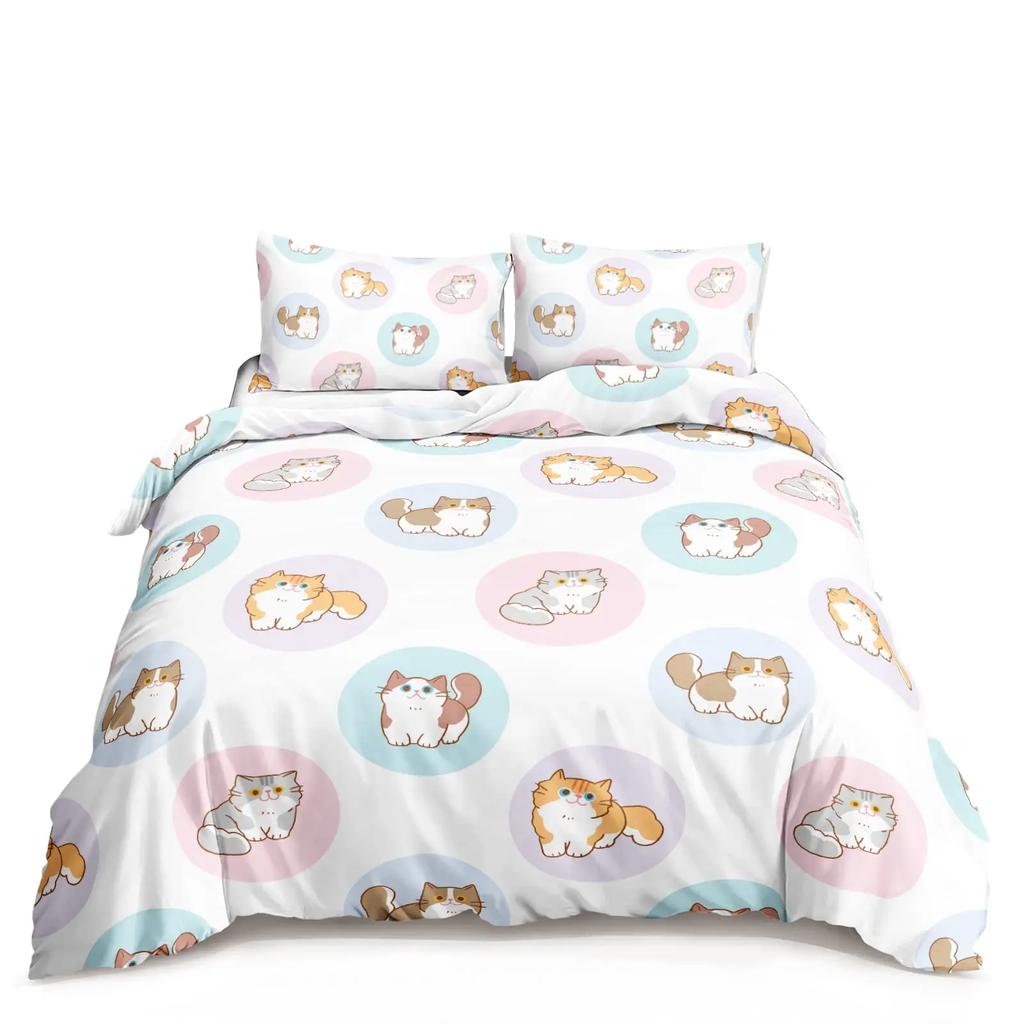 Kawaii Cat Duvet Cover Set for GirlsCute Cartoon Animal Kitten Bedding Set Lovely Romantic Theme Soft Comforter Cover Full Size