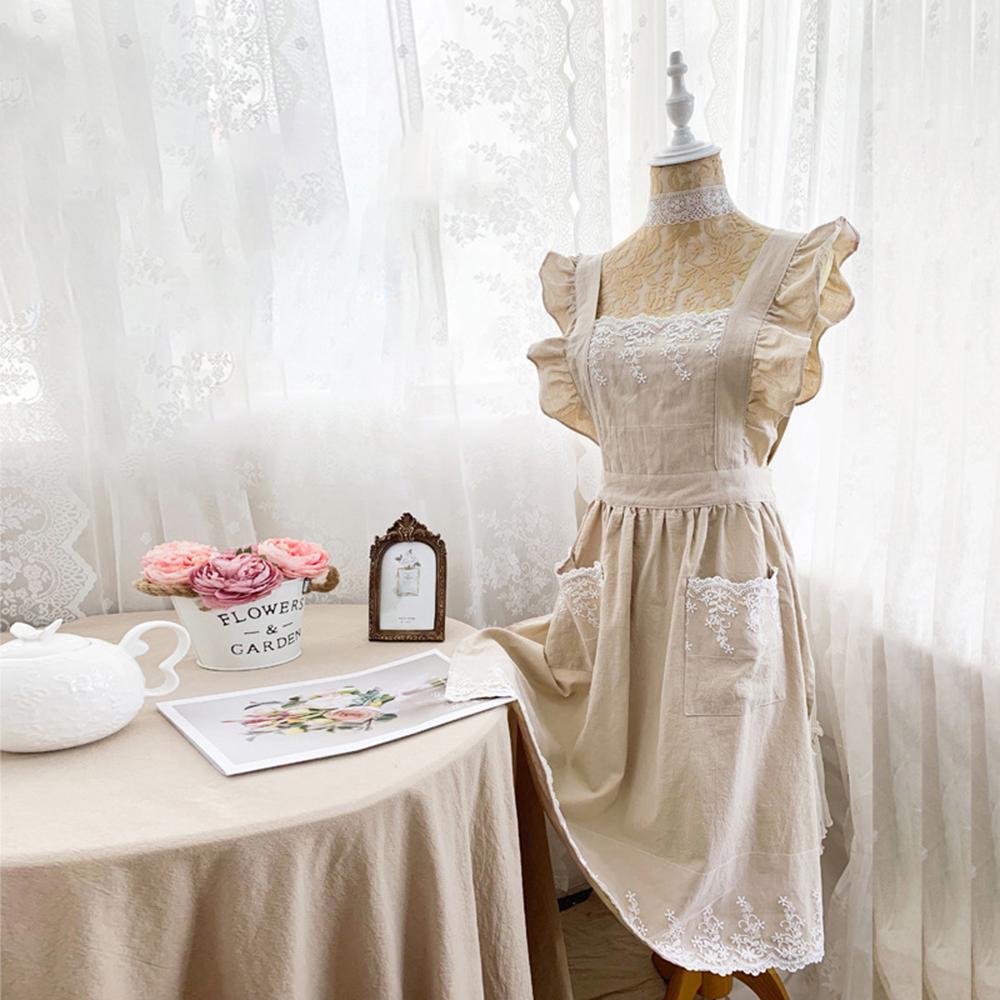 

Полный фартук с цветочным кружевным кантом для женщин - 100% хлопок, винтажный фартук для выпечки, кулинарии, садоводства, цветочного магазина и кафе бежевый