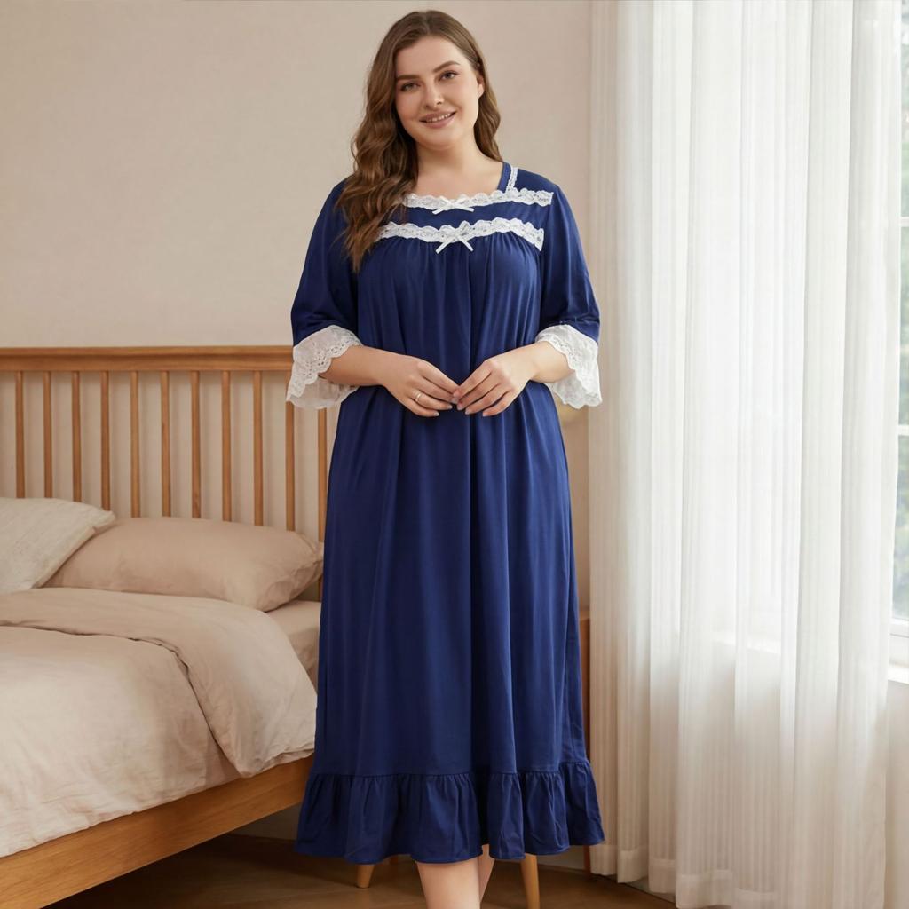 Large size women's nightgown lace square collar pajamas lace short sleeves human cotton long sleeping group sweet loungewear