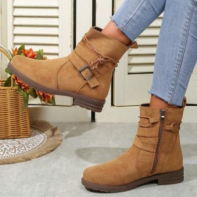 Damenstiefel Herbst und Winter neu Retro große Größe Seitenreißverschluss runde Spitze niedriger Absatz Zigaretten-Lokomotivstiefel