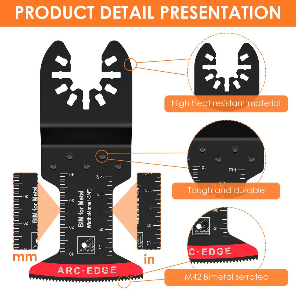 10 Stück Bi-Metall-Oszillierende Sägeblätter, multifunktionale oszillierende Multitool-Sägeblätter mit 3 Abstandshalteradaptern, Arc Edge Multitool