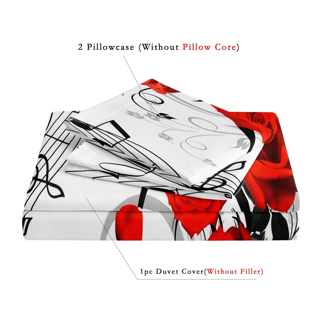 3pcs Red Rose Music Note Duvet Cover Set, Romantic Floral Butterfly Bedding, For Family Bedrooms Dormitories Hotels