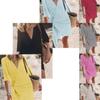 Neues Frühling Sommer Damen Mittellanges Baumwoll-Leinenkleid, Kreuz-V-Ausschnitt Unifarben Kurzarm Europäisches Amerikanisches Lässiges Outfit