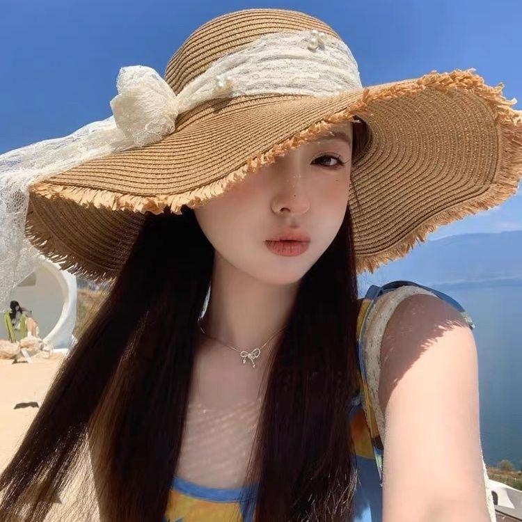 Lace straw hat women's summer bow large brim sunshade sun hat seaside vacation beach sun hat