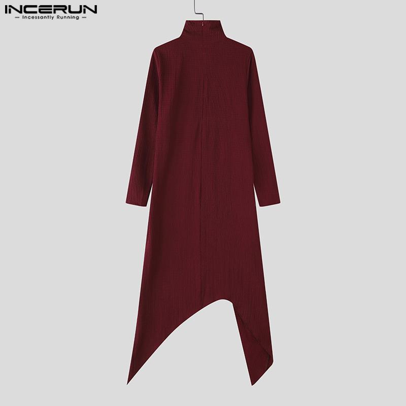 INCERUN Men Turtleneck Long Sleeve Texture High Splits Irregular Long Tunic Tops