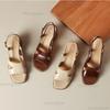 Fashion 2024 New PU Leather Shoes Women Mid Heel Square Toe Casual Shoes Summer Comfortable Ladies Sandals Brown Apricot Size 35-40