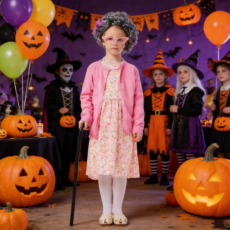 100 Days Of School Granny Costume Set For Kids Pink Floral Print A Line Dress With Long Sleeves For Halloween And Dance Parties