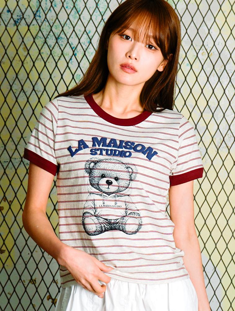 LA MAISON STUDIO Maison Bear Friends Stripe Ringer Short Sleeve Deepred(Fcg2Ts763W)