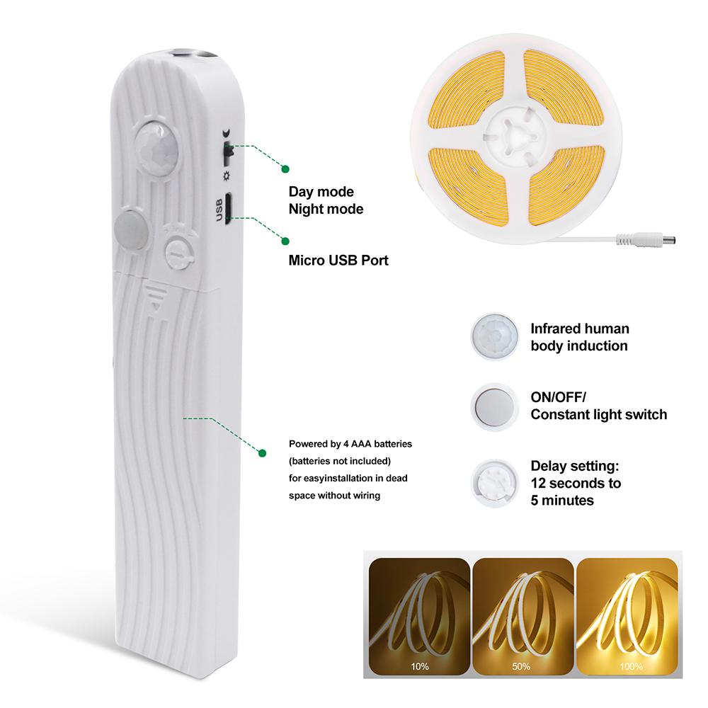 5V COB LED Light Strip Motion Sensor 320LEDs/m 3AAA Battery USB Powered 3MM 5MM 8MM For Cabinet Wardrobe Kitchen Stair Lighting