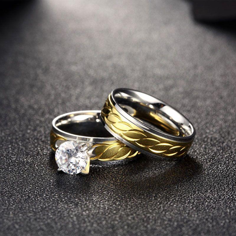 Stylish Gold Titanium Steel Ring For Couples Featuring Hidden Zircon Stone Design