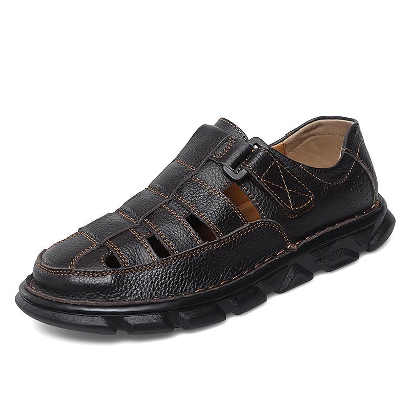 Foreign trade large size leather men's sandals men's summer hollow breathable hole shoes bag head cool leather shoes dad shoes
