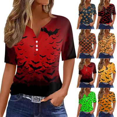 T-shirt Femme Imprimé Halloween Bouton Manches Courtes Quotidien Week-end Mode Basique Col en V Haut Régulier