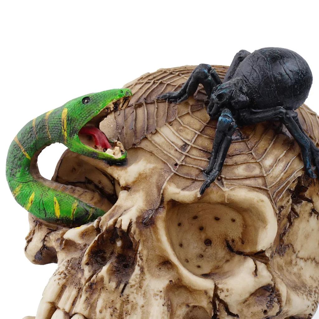 Handgefertigte Totenkopfstatue aus Kunstharz mit Schlangen- und Spinnenmotiv, Totenkopf-Skulptur, für Zuhause, Halloween-Party, Totenkopf-Dekor, Film-Horror-Requisite