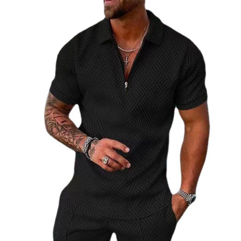 

Мужская футболка-поло на молнии с V-образным вырезом и короткими рукавами, топы + шорты, спортивный костюм, спортивный костюм M чёрный