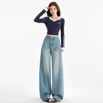 Kadınlar İçin Mavi Retro Yüksek Bel Geniş Paça Kot Pantolonlar İlkbaharda Kadınlar İçin Bol Salaş Rahat Pantolonlar İlkbaharda Kadınlar İçin Geniş Paça Pantolonlar