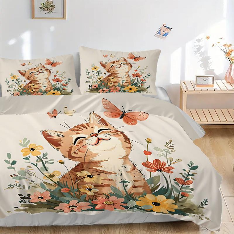 3pcs Butterfly and Cat Pattern Bedding Three-Piece Set (1 Cover + 2 Pillowcases, No Fillings), This Printed Bedding Set Is Soft and Comforta