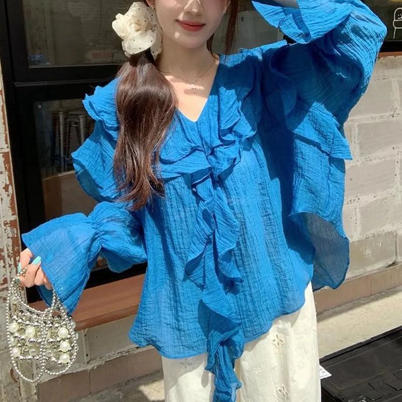 Shirt for Women Summer Oversize Cotton Loose Blouse V Neck Casual Long Sleeve Pullover Soft Loose Shirt Top