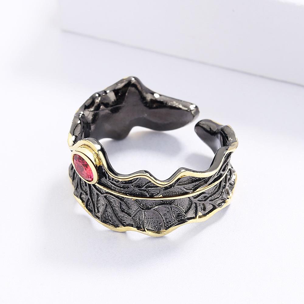 Natural Zircon Boutique Retro Style Open Ring Handmade Womens Black Gold Two Color Jewelry