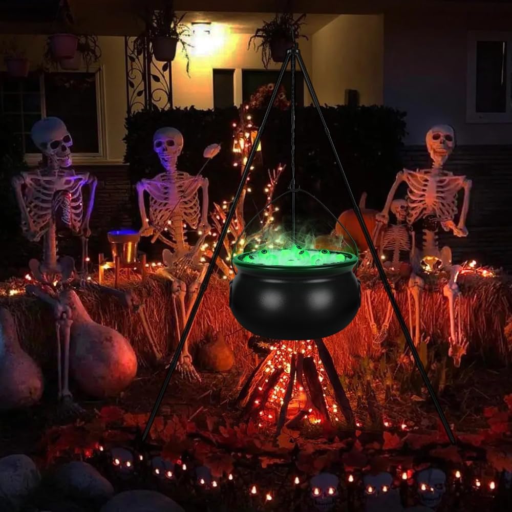 Witches Cauldron for Yard Decorations Halloween Witch Cauldron with Tripod with Eyeballs String Lights and Skeleton for Home