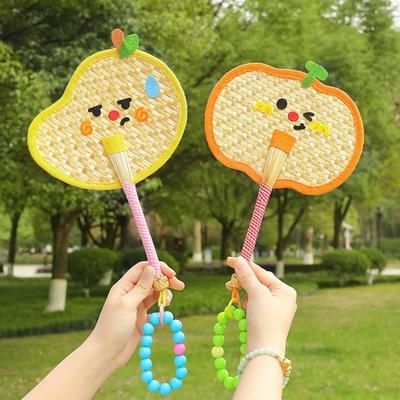 Cartoon Handmade Weaving Fan Bear Butterfly Dog Pumpkin Shell Mango Shape Woven Hand Fan Summer Handheld Cooling Fan Decoration