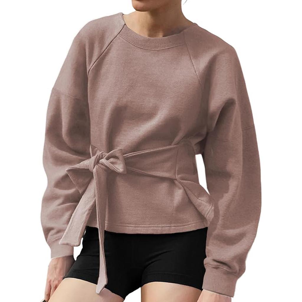 Women's Long Sleeves Shirt Tops Casual  Fall Fashion O Neck Tie Knot Sweatshirt Pullover