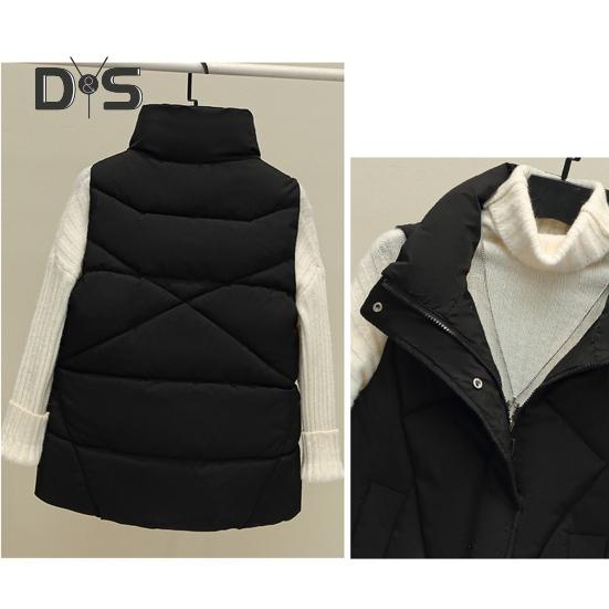 Women Fall Winter Vest Coat Thickened Padded Solid Color Sleeveless Cardigan Zipper Closure Stand Collar Pockets Windproof Warm Women Plus Size
