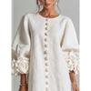 French Style 3D Floral Cotton Linen Dress, Lantern Sleeve Round Neck Single Breasted Loose Slimming Vacation Mini Dress